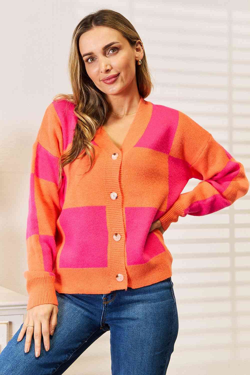 Woven Right Checkered V-Neck Dropped Shoulder Cardigan us.meeeshop - 