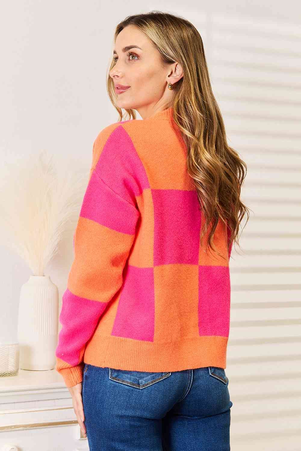 Woven Right Checkered V-Neck Dropped Shoulder Cardigan us.meeeshop - 