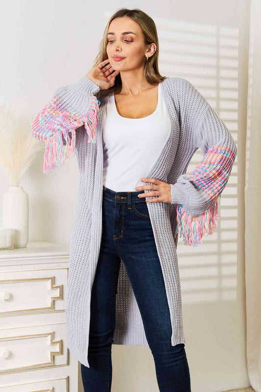 Woven Right Fringe Sleeve Dropped Shoulder Cardigan | us.meeeshop