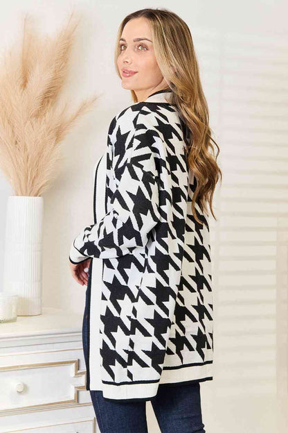 Woven Right Houndstooth Open Front Longline Cardigan us.meeeshop - 