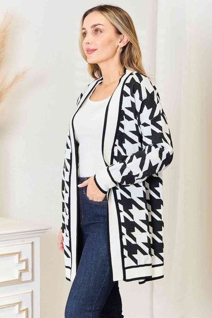 Woven Right Houndstooth Open Front Longline Cardigan us.meeeshop - 