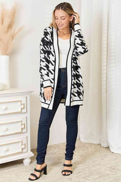 Woven Right Houndstooth Open Front Longline Cardigan us.meeeshop - 