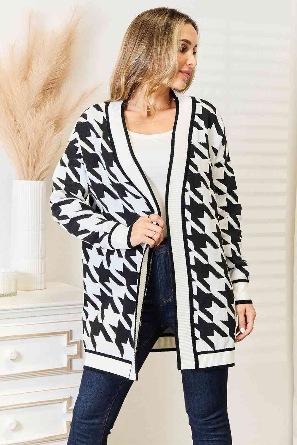 Woven Right Houndstooth Open Front Longline Cardigan us.meeeshop - Shirts & Tops