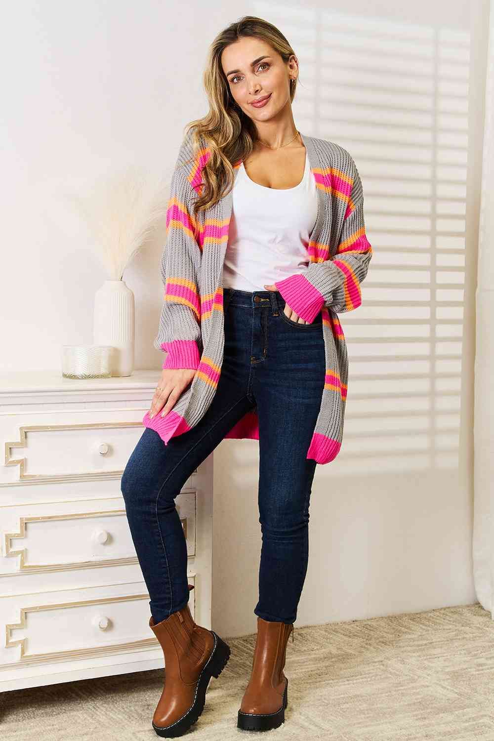 Woven Right Ribbed Long Sleeve Cardigan us.meeeshop - 