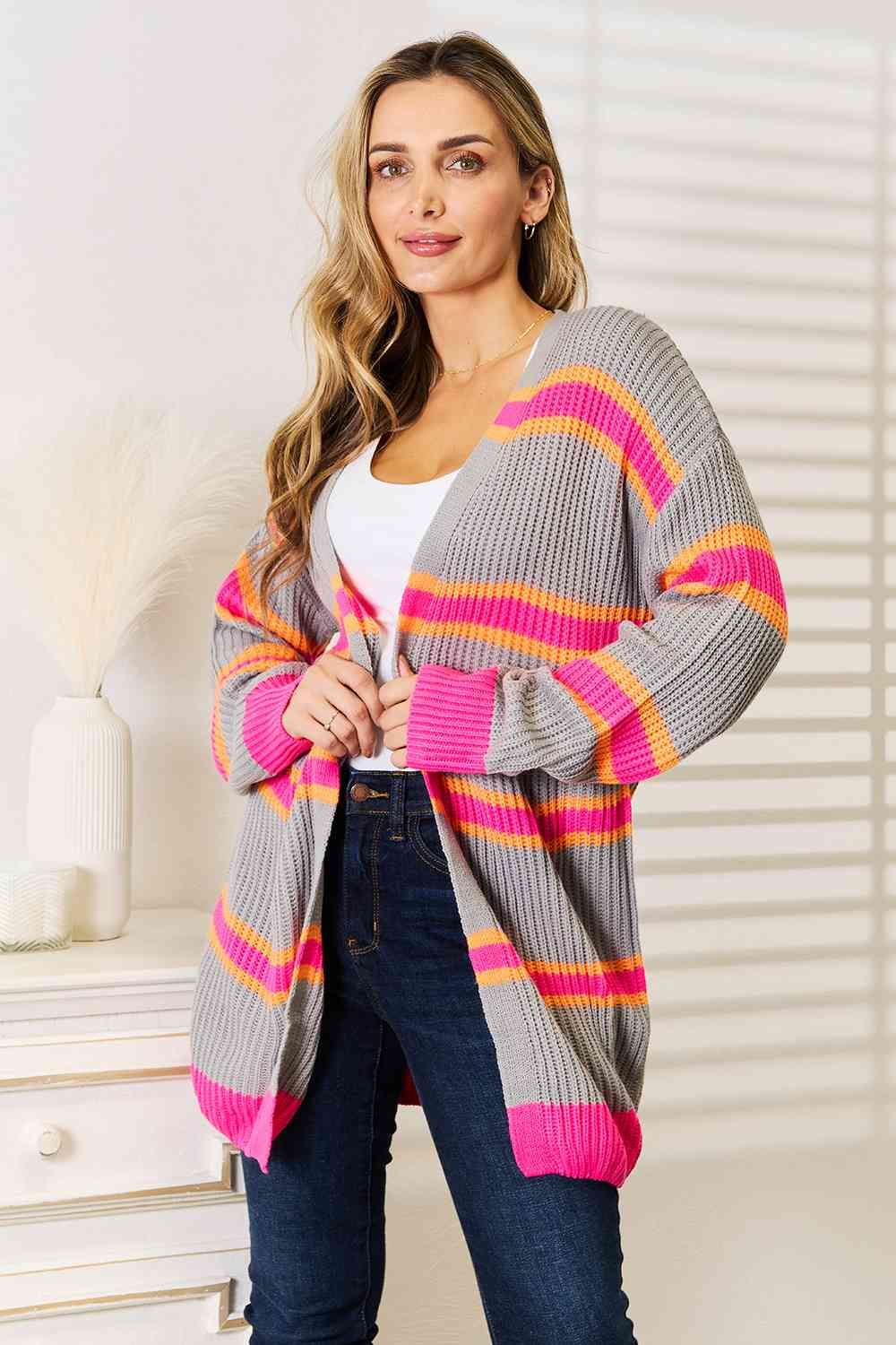 Woven Right Ribbed Long Sleeve Cardigan us.meeeshop - 