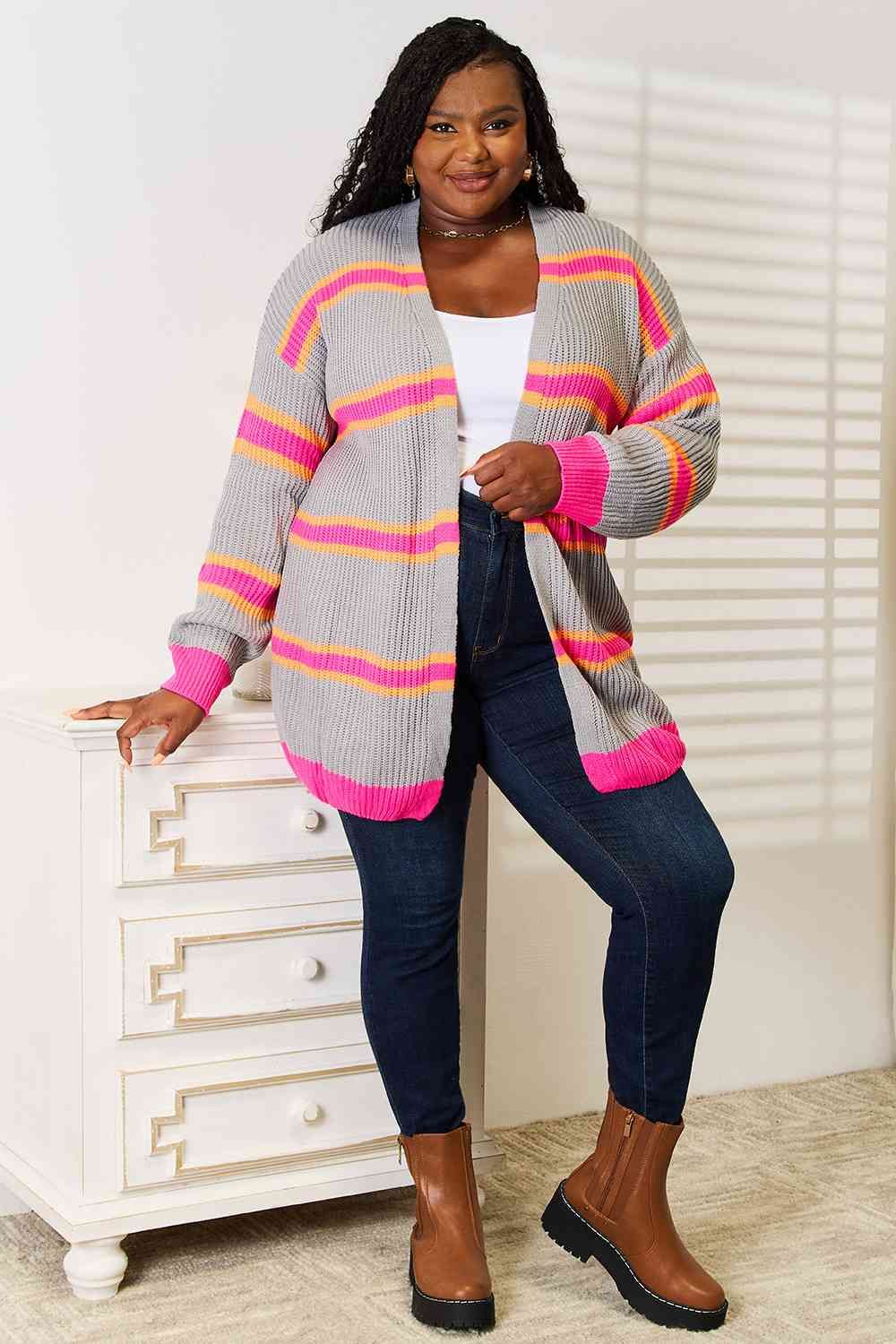 Woven Right Ribbed Long Sleeve Cardigan us.meeeshop - 