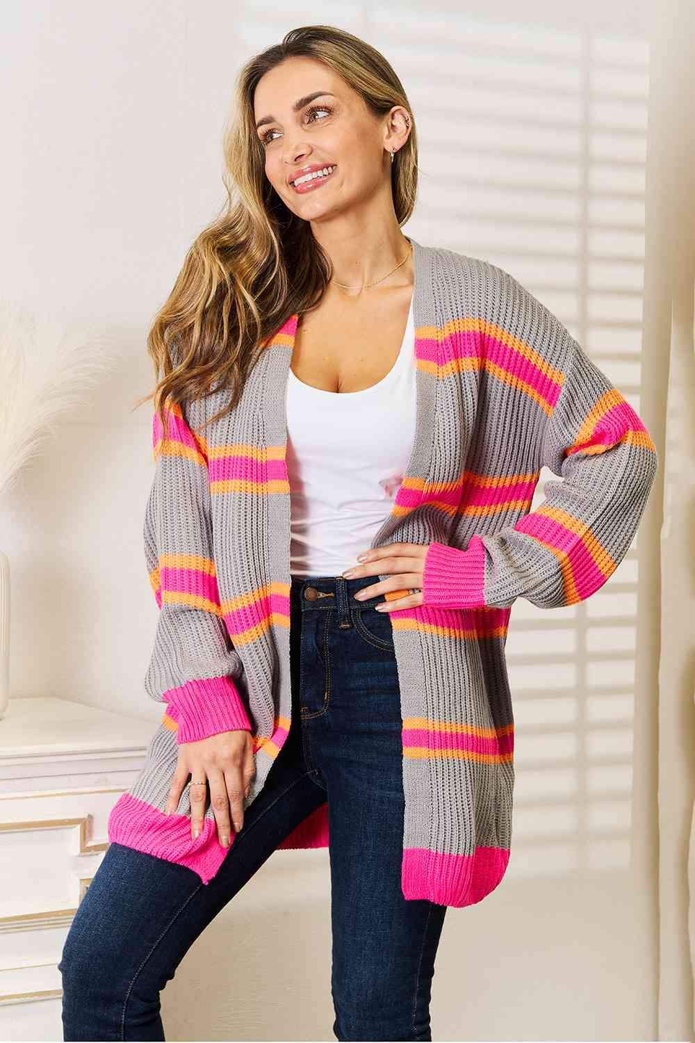 Woven Right Ribbed Long Sleeve Cardigan us.meeeshop - 