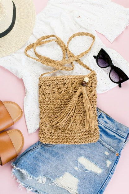 Woven Straw Tassel Accent Crossbody Bag us.meeeshop - 