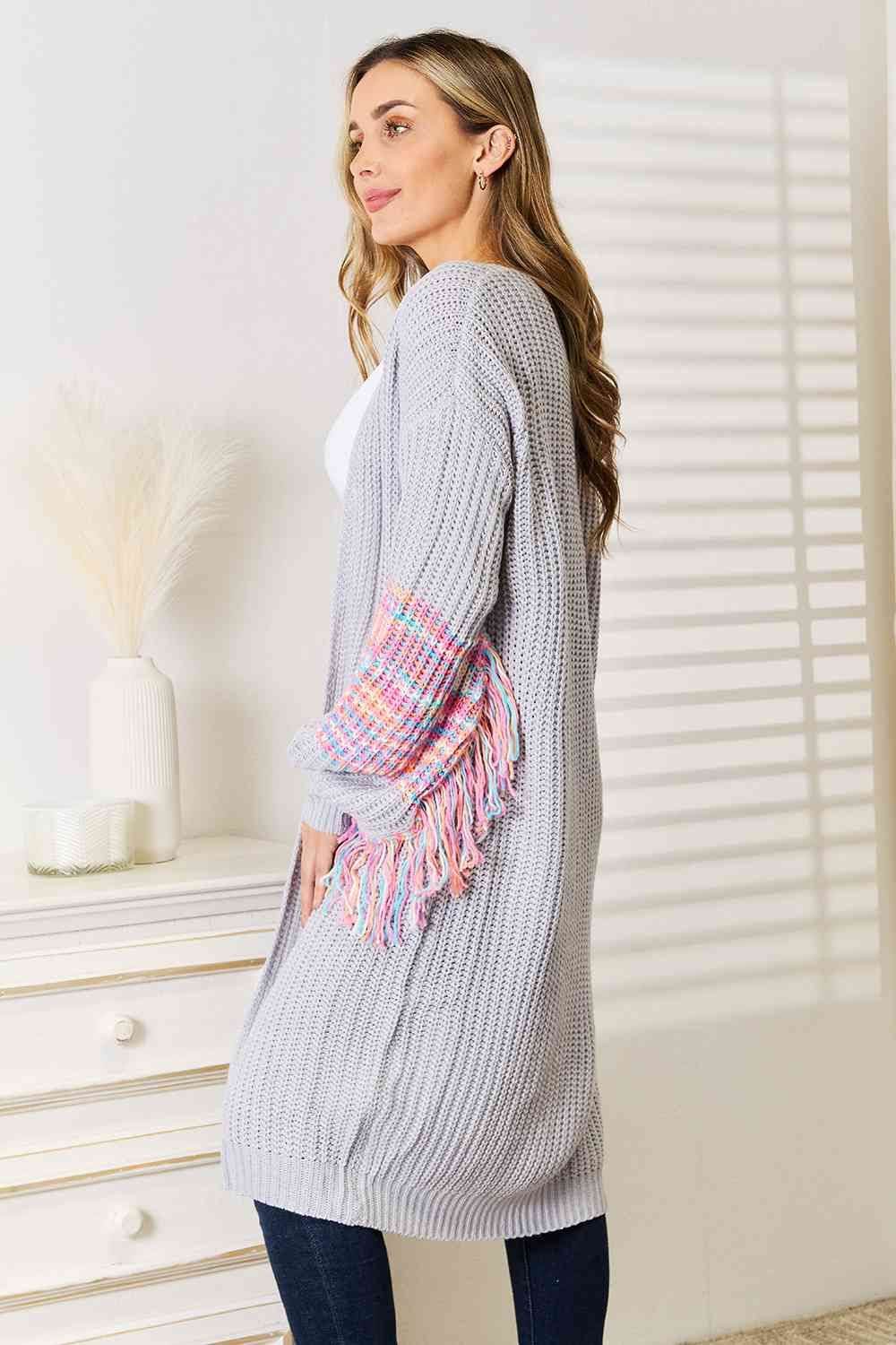 Woven Right Fringe Sleeve Dropped Shoulder Cardigan - us.meeeshop