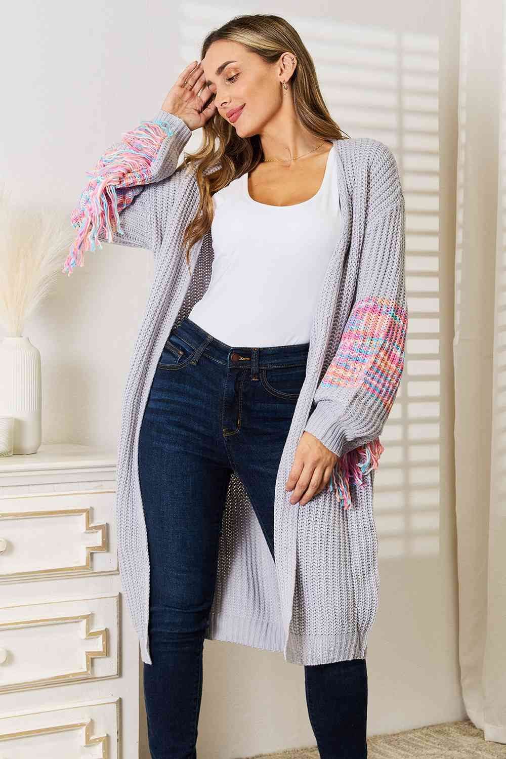 Woven Right Fringe Sleeve Dropped Shoulder Cardigan - us.meeeshop