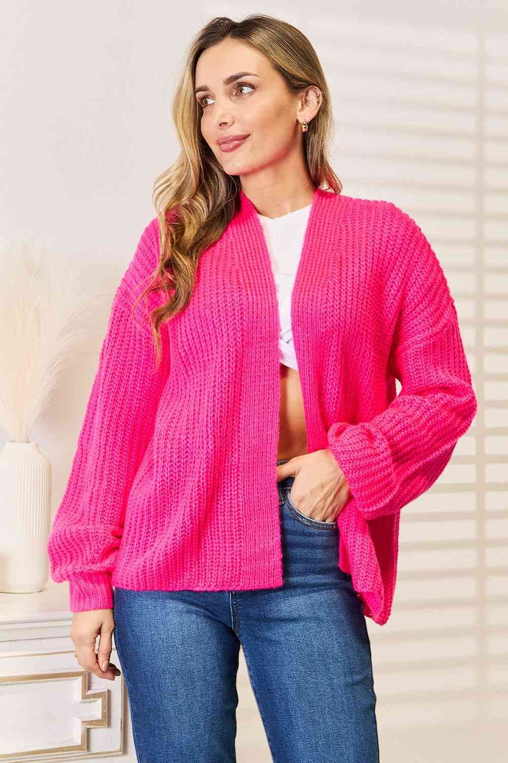 Woven Right Rib-Knit Open Front Drop Shoulder Cardigan - us.meeeshop