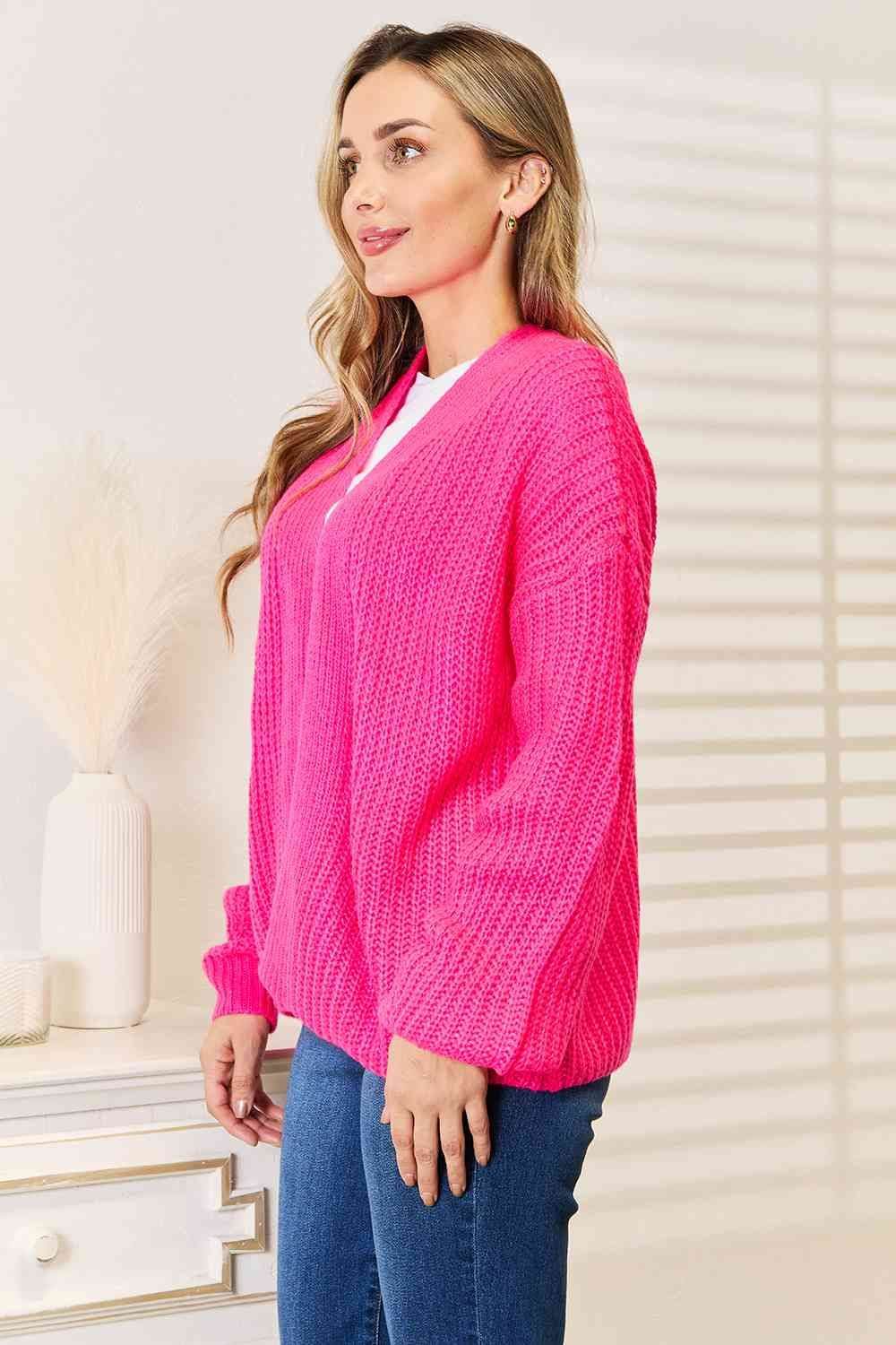 Woven Right Rib-Knit Open Front Drop Shoulder Cardigan - us.meeeshop