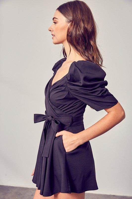 Wrap Front Side Tie Romper in Black - us.meeeshop