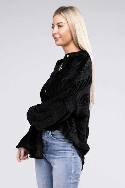 Wrinkle Effect Tiered Shirring Velvet Shirt us.meeeshop - 