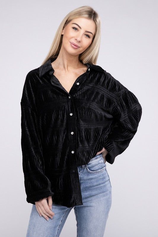 Wrinkle Effect Tiered Shirring Velvet Shirt us.meeeshop - 