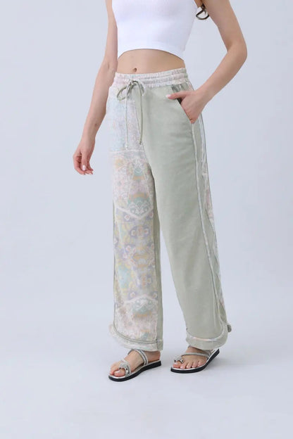 Boho Contrast Pants – Mismatched Legs & Tie-Waist for Lounging