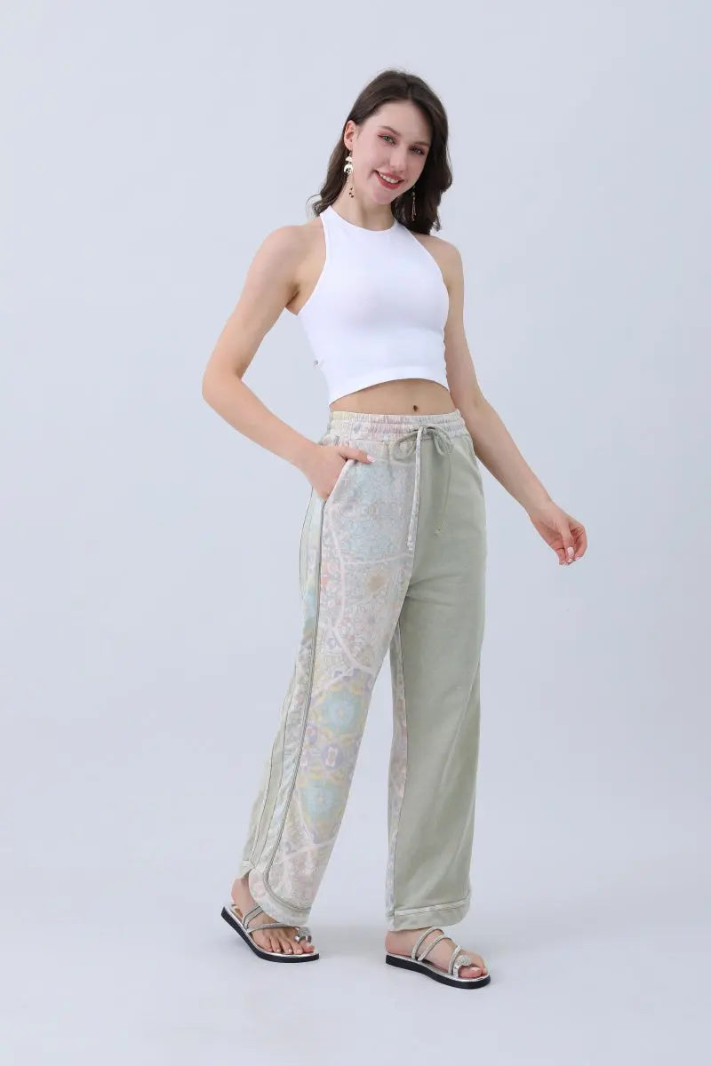 Boho Contrast Pants – Mismatched Legs & Tie-Waist for Lounging