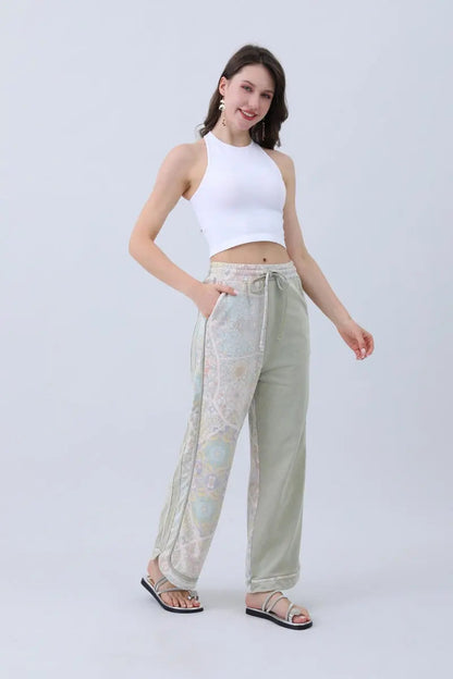 Boho Contrast Pants – Mismatched Legs & Tie-Waist for Lounging