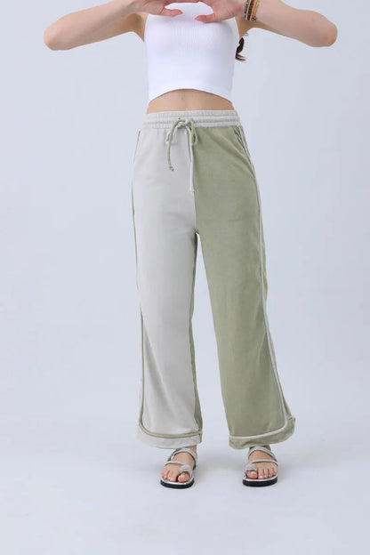 Breathable Wide-Leg Pants – Olive Two-Tone Straight Fit