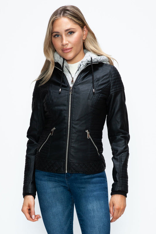 YMI Faux Layered Double-Zipper Jacket with Fuzzy Hood In Black us.meeeshop - Coats & Jackets