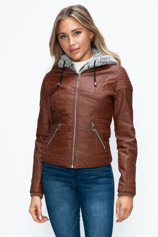 YMI Faux Layered Double-Zipper Jacket with Fuzzy Hood In Brandy us.meeeshop - Coats & Jackets