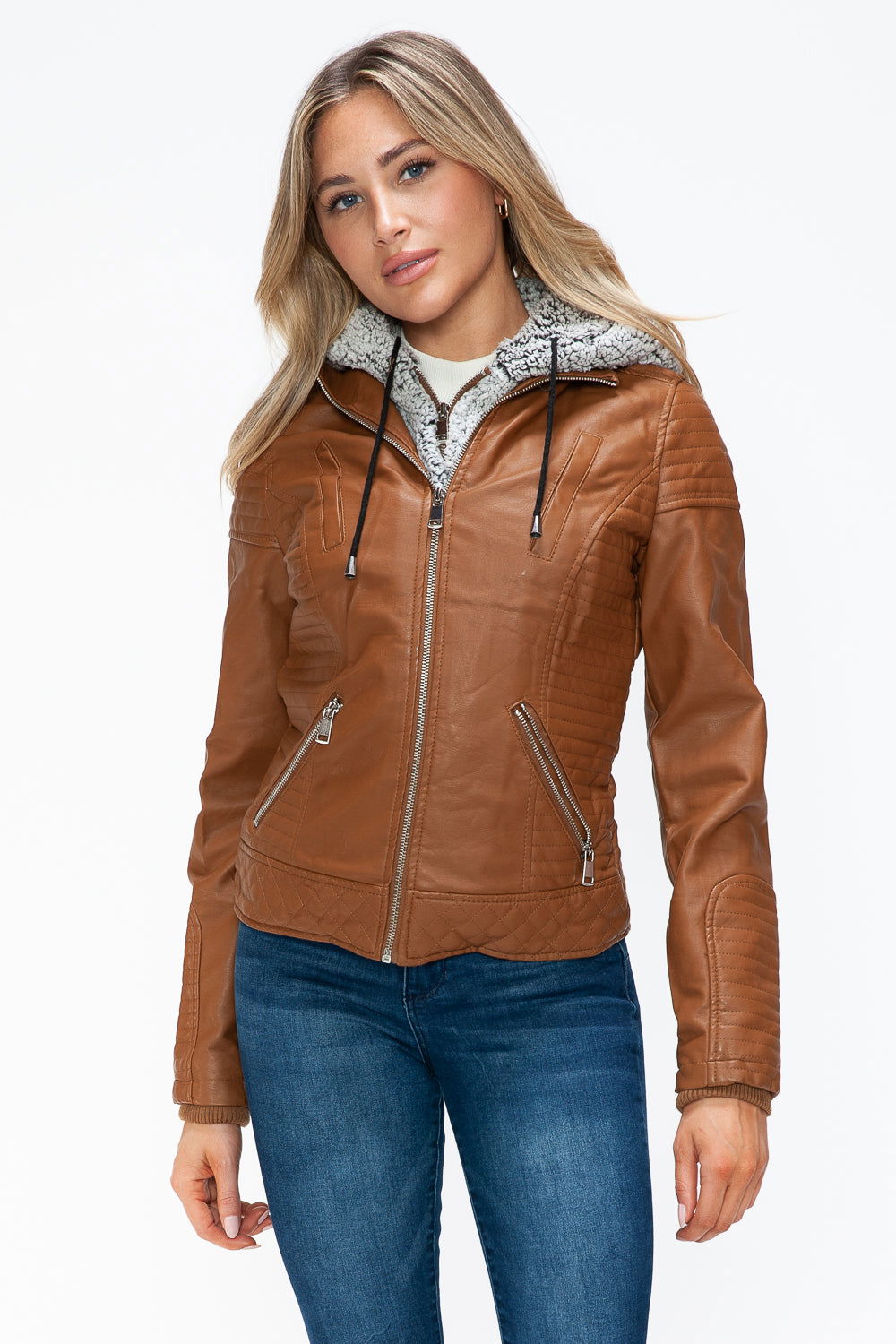 YMI Faux Layered Double-Zipper Jacket with Fuzzy Hood In Camel us.meeeshop - 