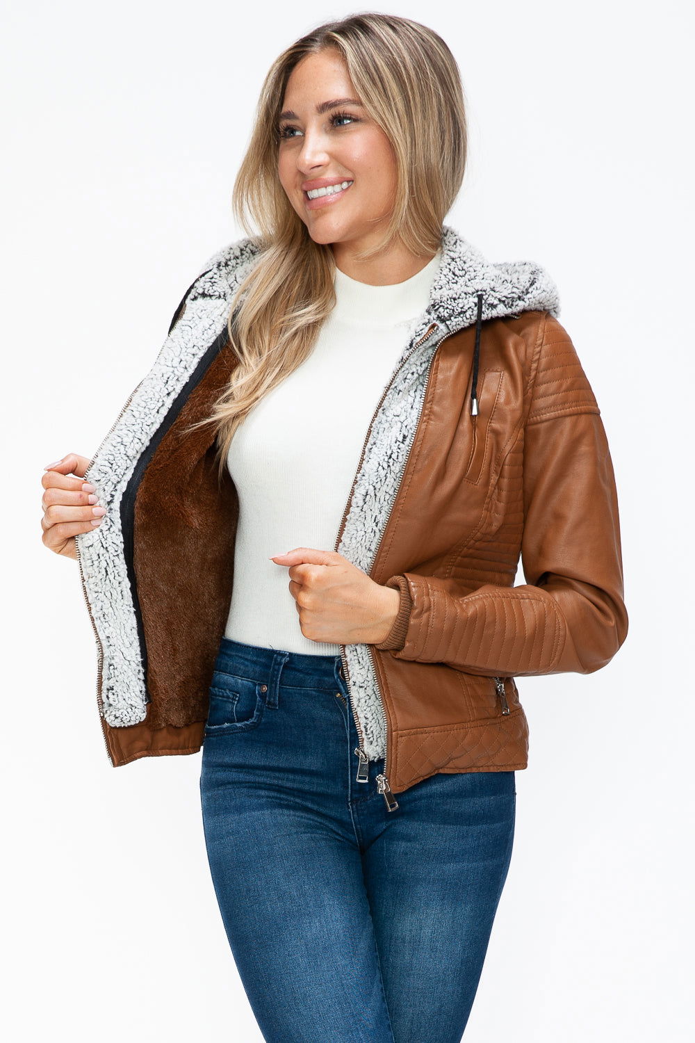 YMI Faux Layered Double-Zipper Jacket with Fuzzy Hood In Camel us.meeeshop - 