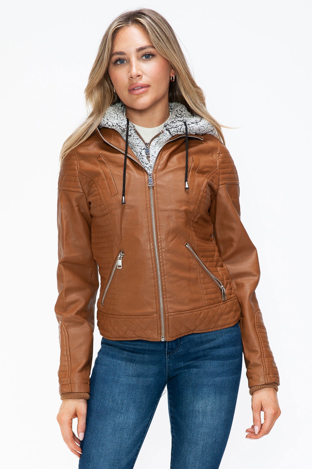 YMI Faux Layered Double-Zipper Jacket with Fuzzy Hood In Camel us.meeeshop - Coats & Jackets