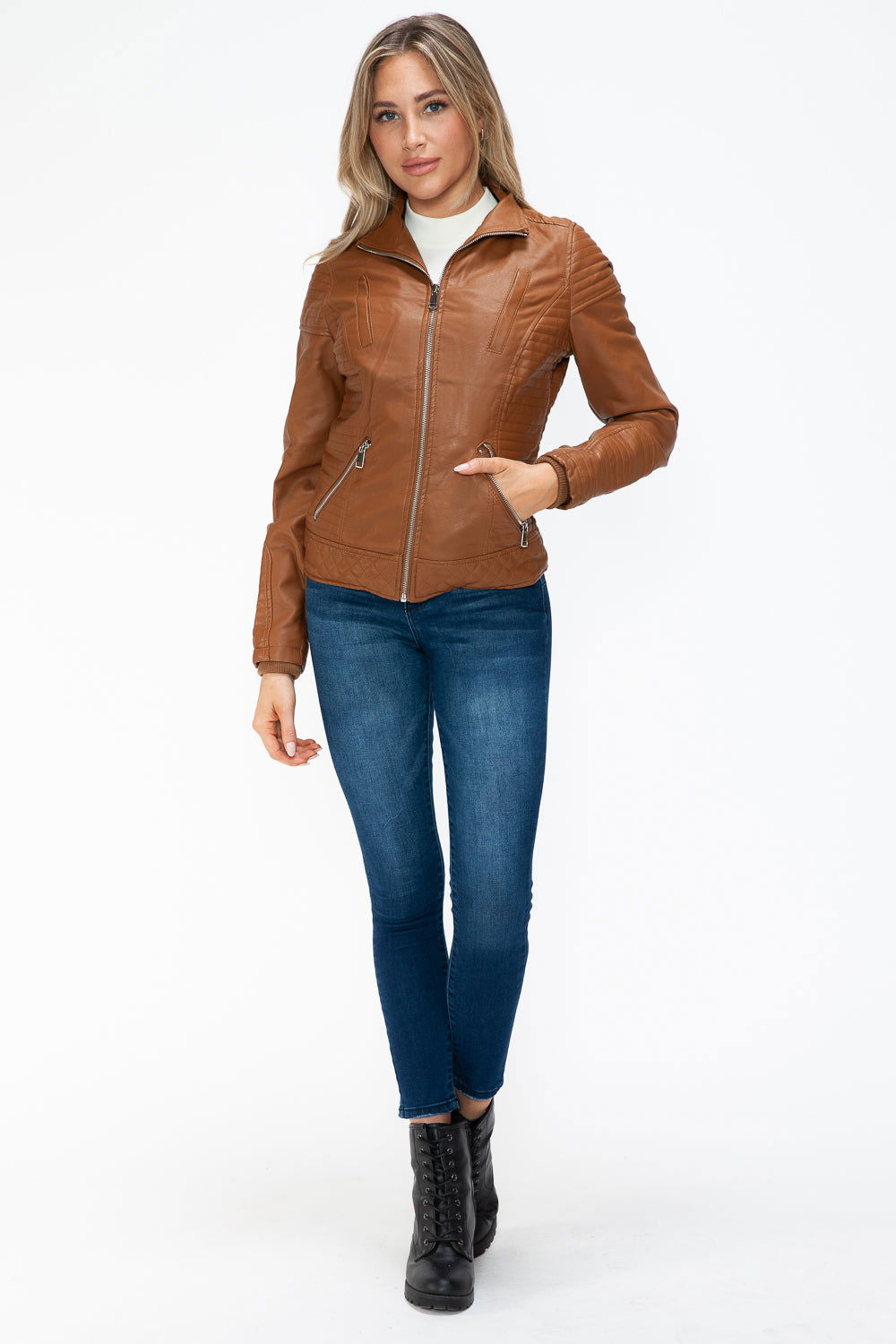 YMI Faux Layered Double-Zipper Jacket with Fuzzy Hood In Camel us.meeeshop - 