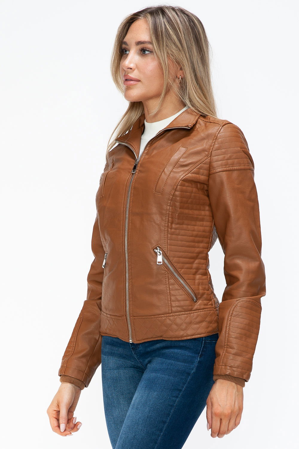 YMI Faux Layered Double-Zipper Jacket with Fuzzy Hood In Camel us.meeeshop - 