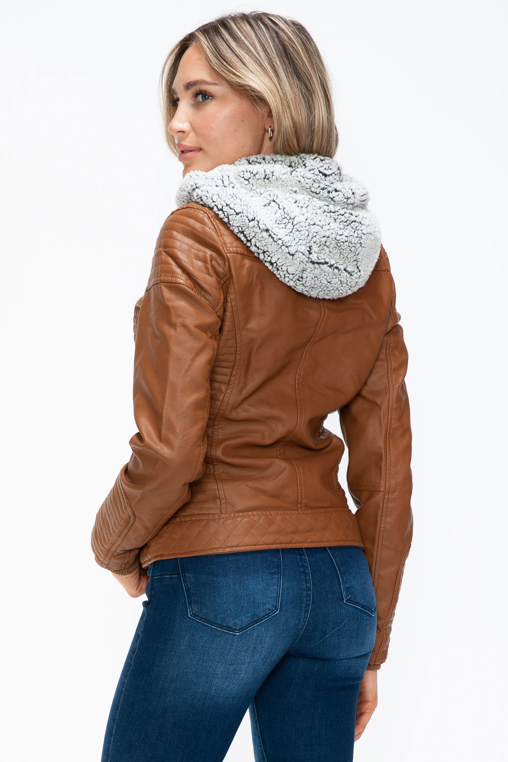 YMI Faux Layered Double-Zipper Jacket with Fuzzy Hood In Camel us.meeeshop - 