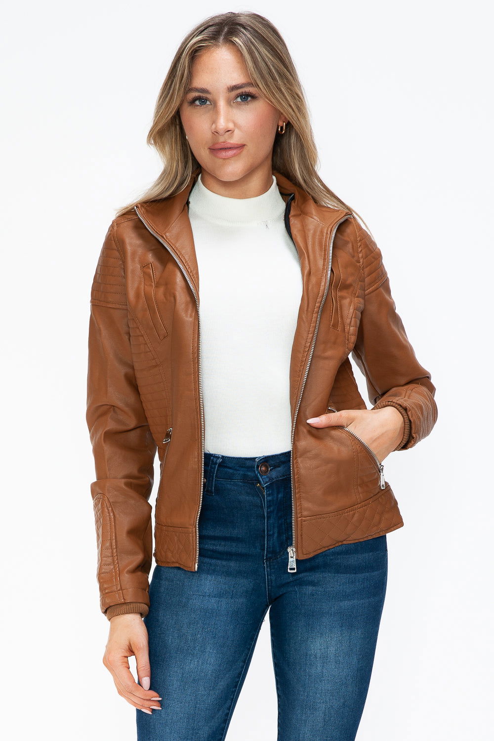 YMI Faux Layered Double-Zipper Jacket with Fuzzy Hood In Camel us.meeeshop - 