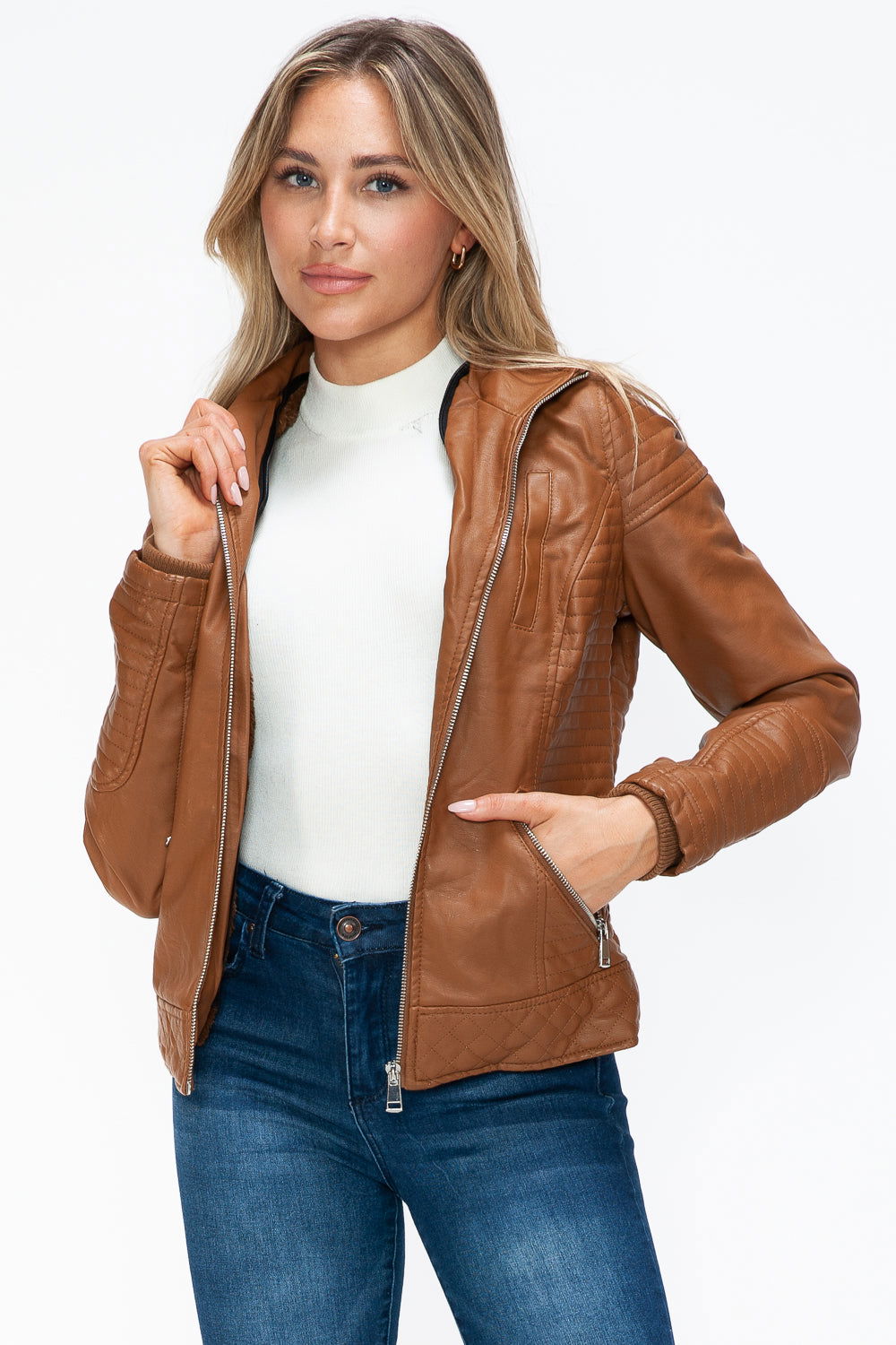 YMI Faux Layered Double-Zipper Jacket with Fuzzy Hood In Camel us.meeeshop - 