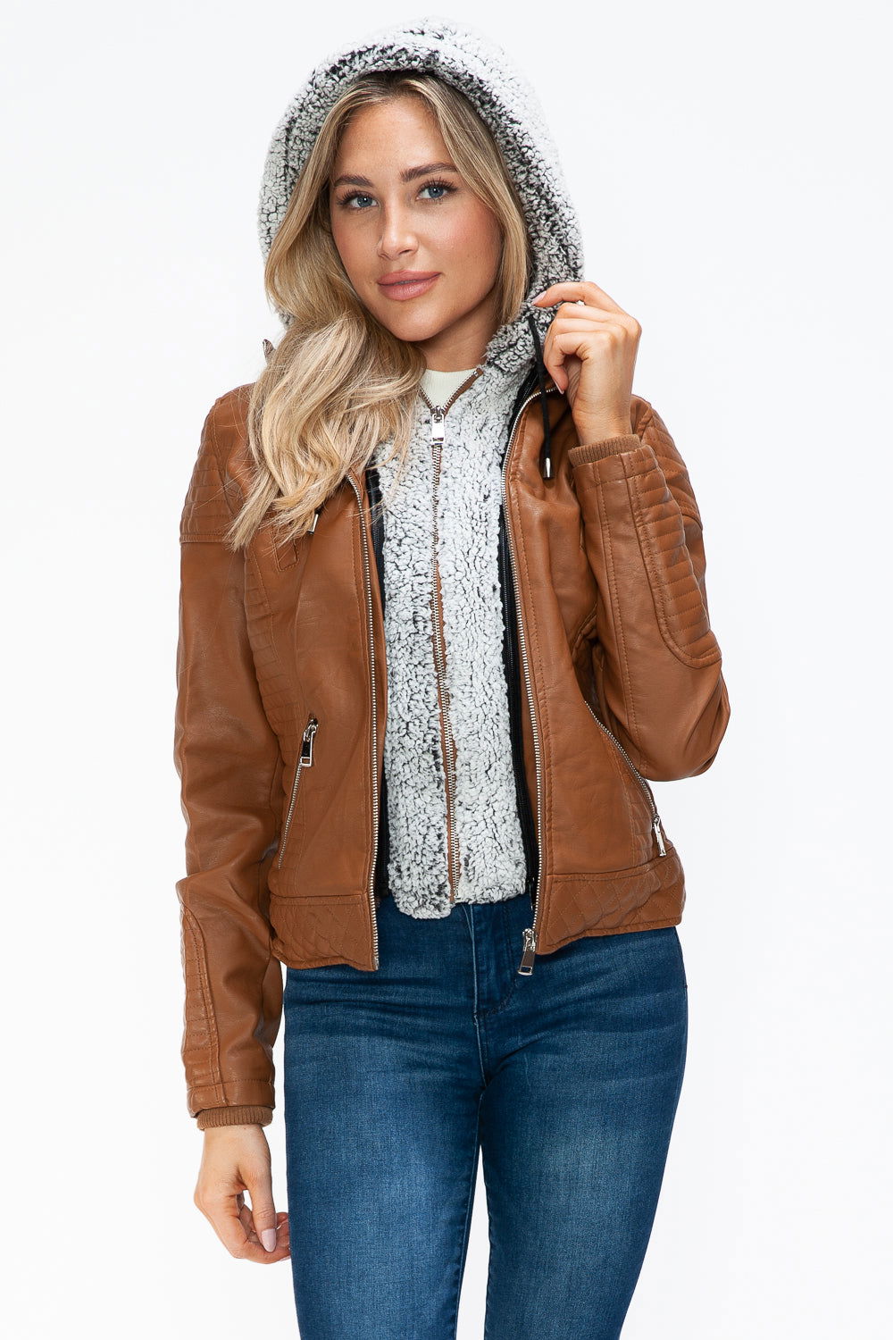 YMI Faux Layered Double-Zipper Jacket with Fuzzy Hood In Camel us.meeeshop - 