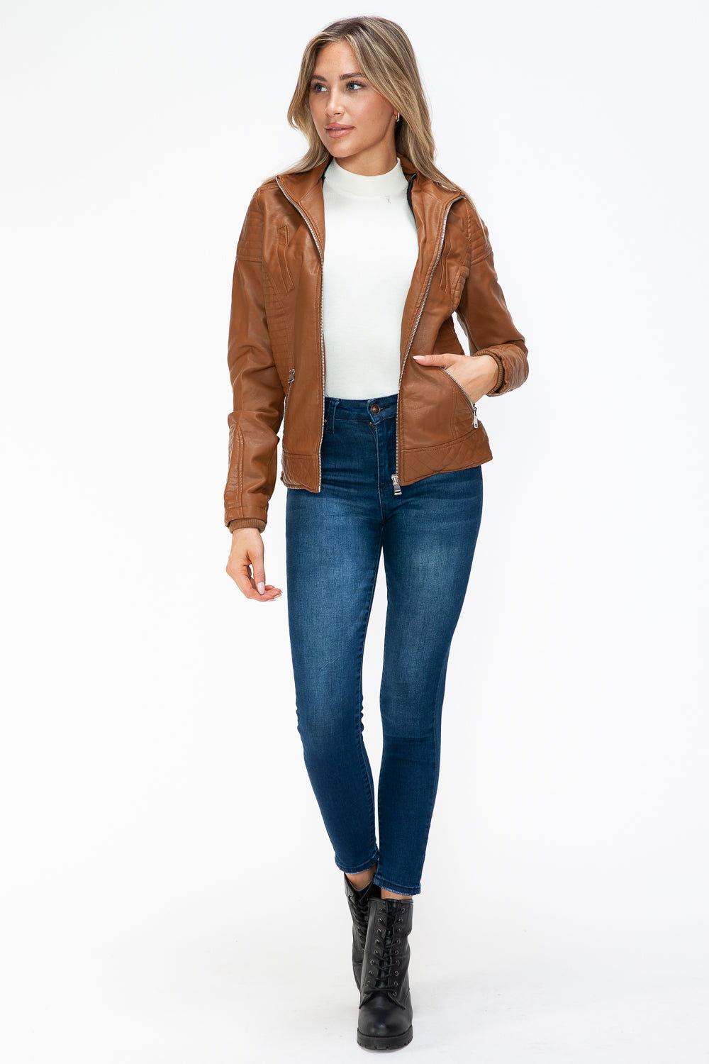 YMI Faux Layered Double-Zipper Jacket with Fuzzy Hood In Camel us.meeeshop - 