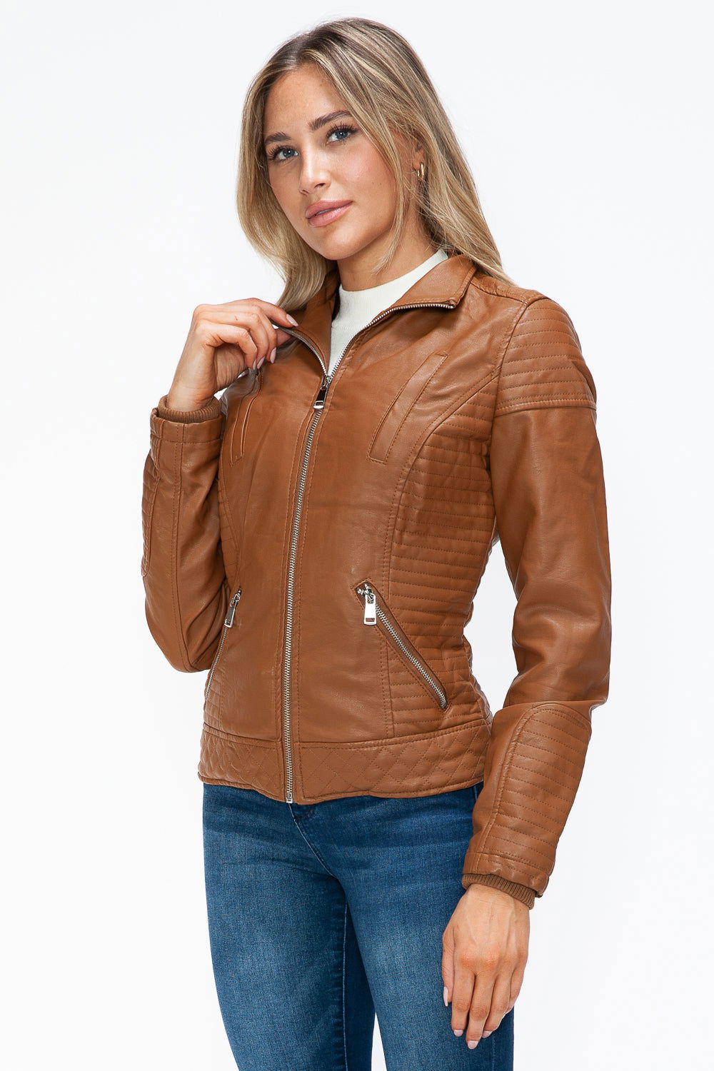 YMI Faux Layered Double-Zipper Jacket with Fuzzy Hood In Camel us.meeeshop - 