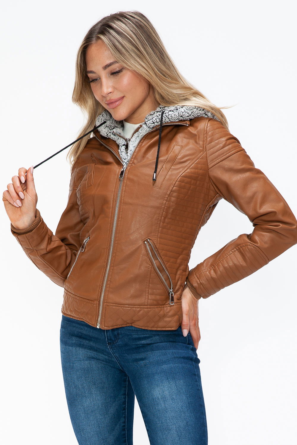 YMI Faux Layered Double-Zipper Jacket with Fuzzy Hood In Camel us.meeeshop - 