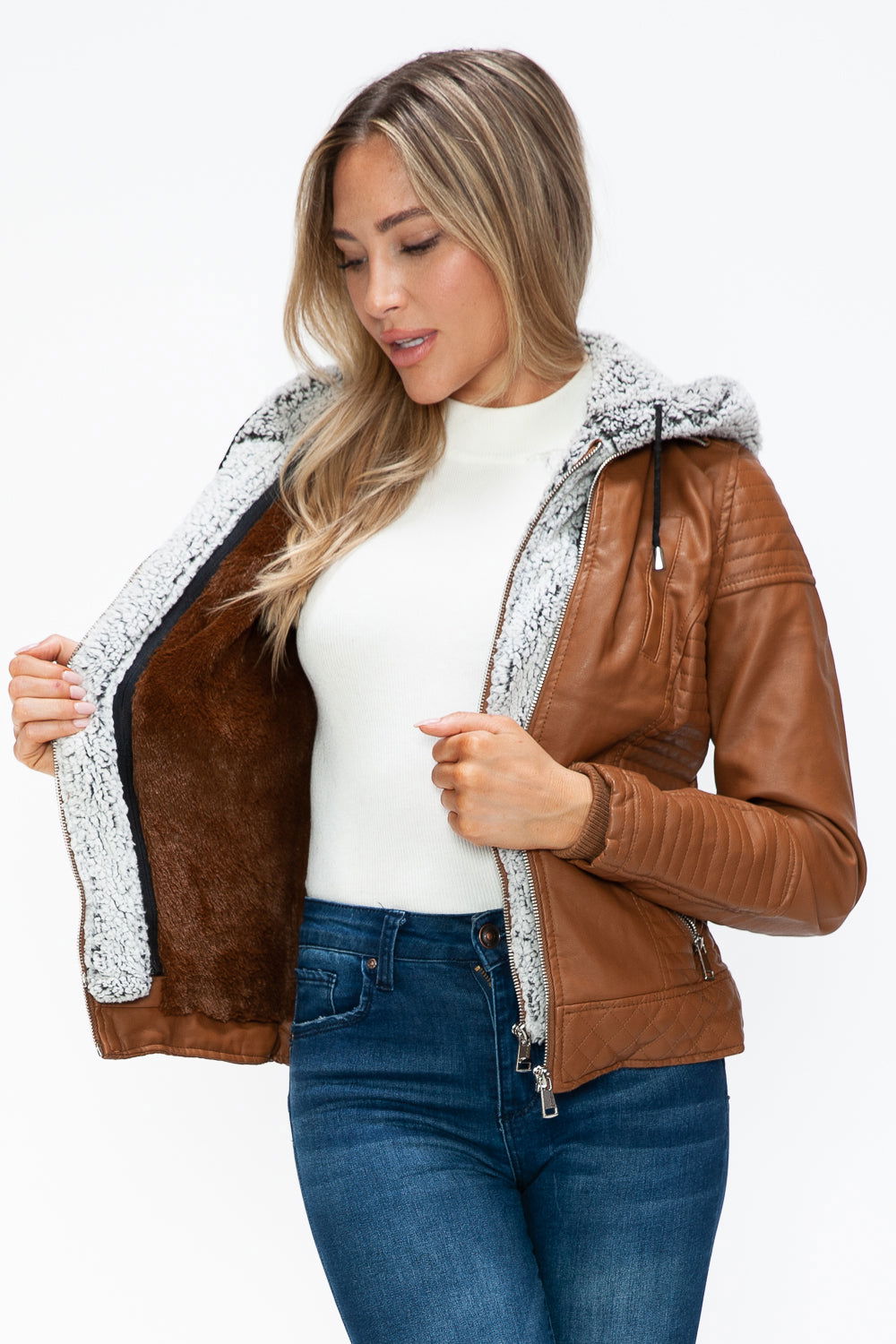 YMI Faux Layered Double-Zipper Jacket with Fuzzy Hood In Camel us.meeeshop - 