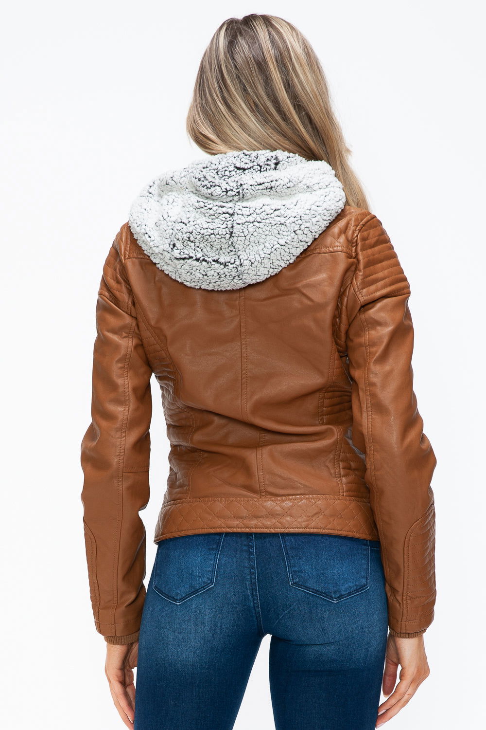 YMI Faux Layered Double-Zipper Jacket with Fuzzy Hood In Camel us.meeeshop - 