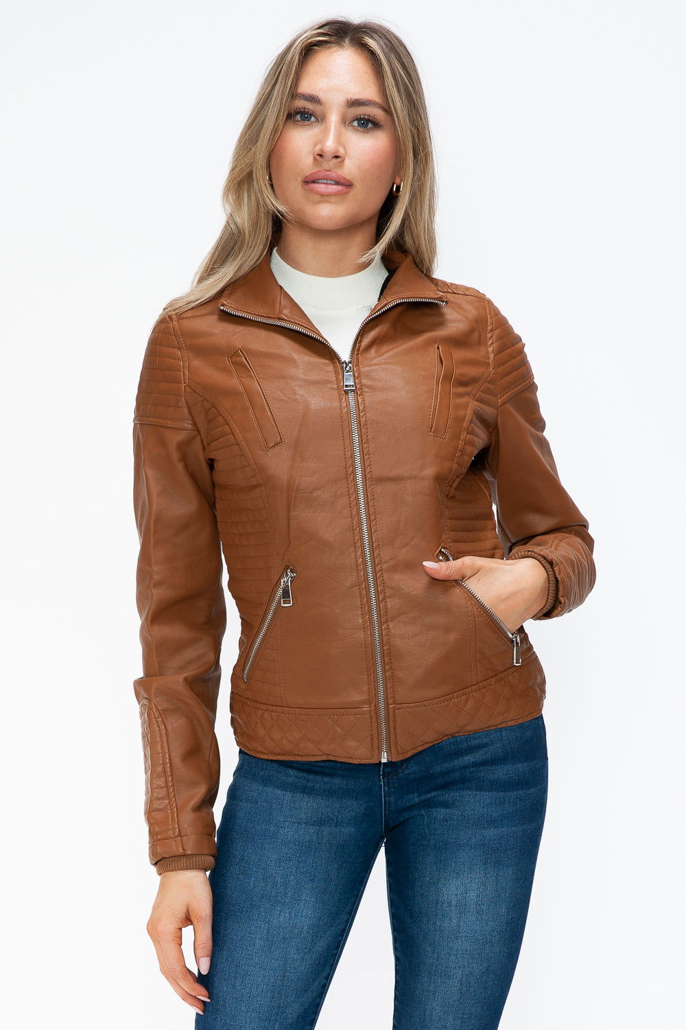 YMI Faux Layered Double-Zipper Jacket with Fuzzy Hood In Camel us.meeeshop - 