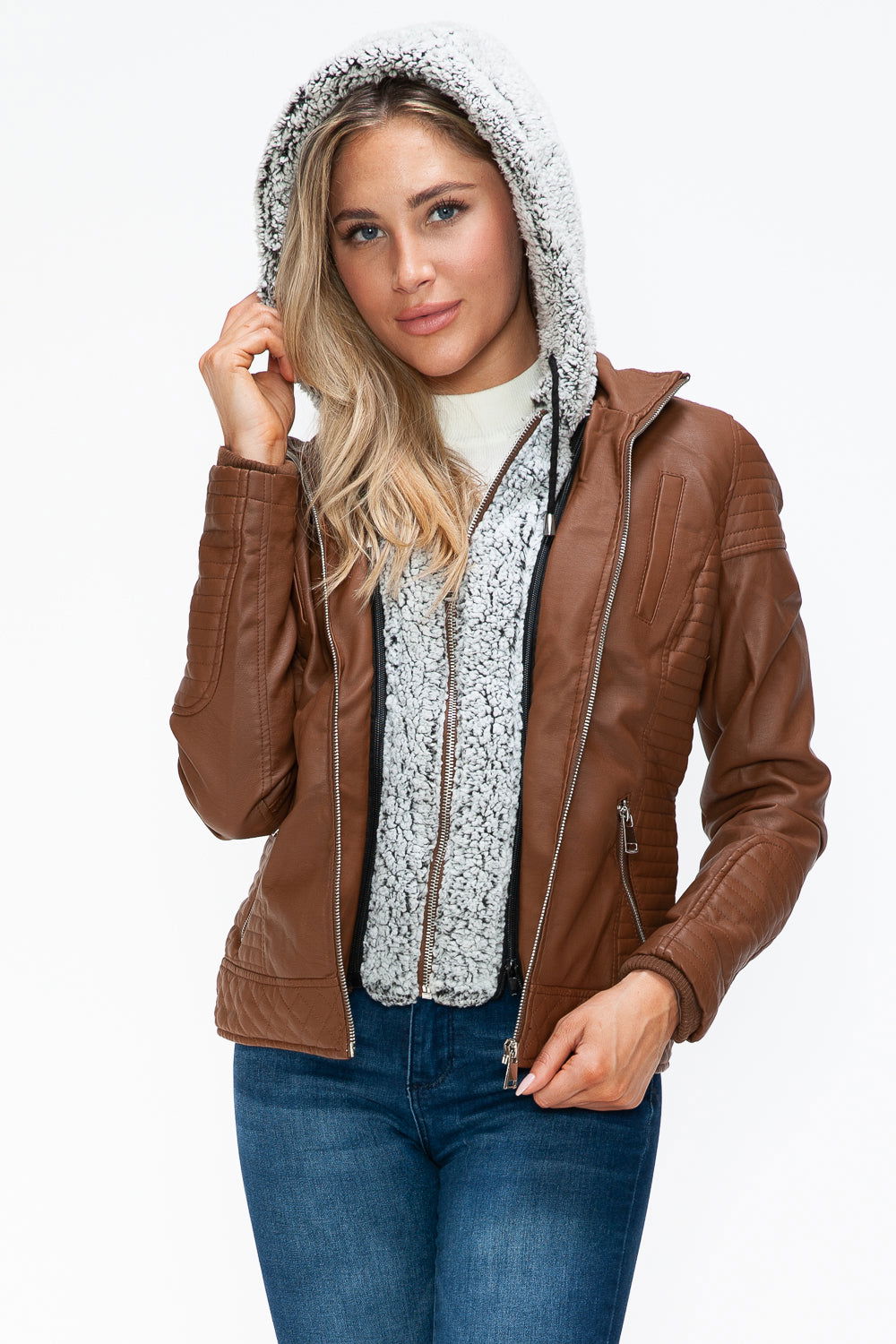 YMI Faux Layered Double-Zipper Jacket with Fuzzy Hood In Rust us.meeeshop - 