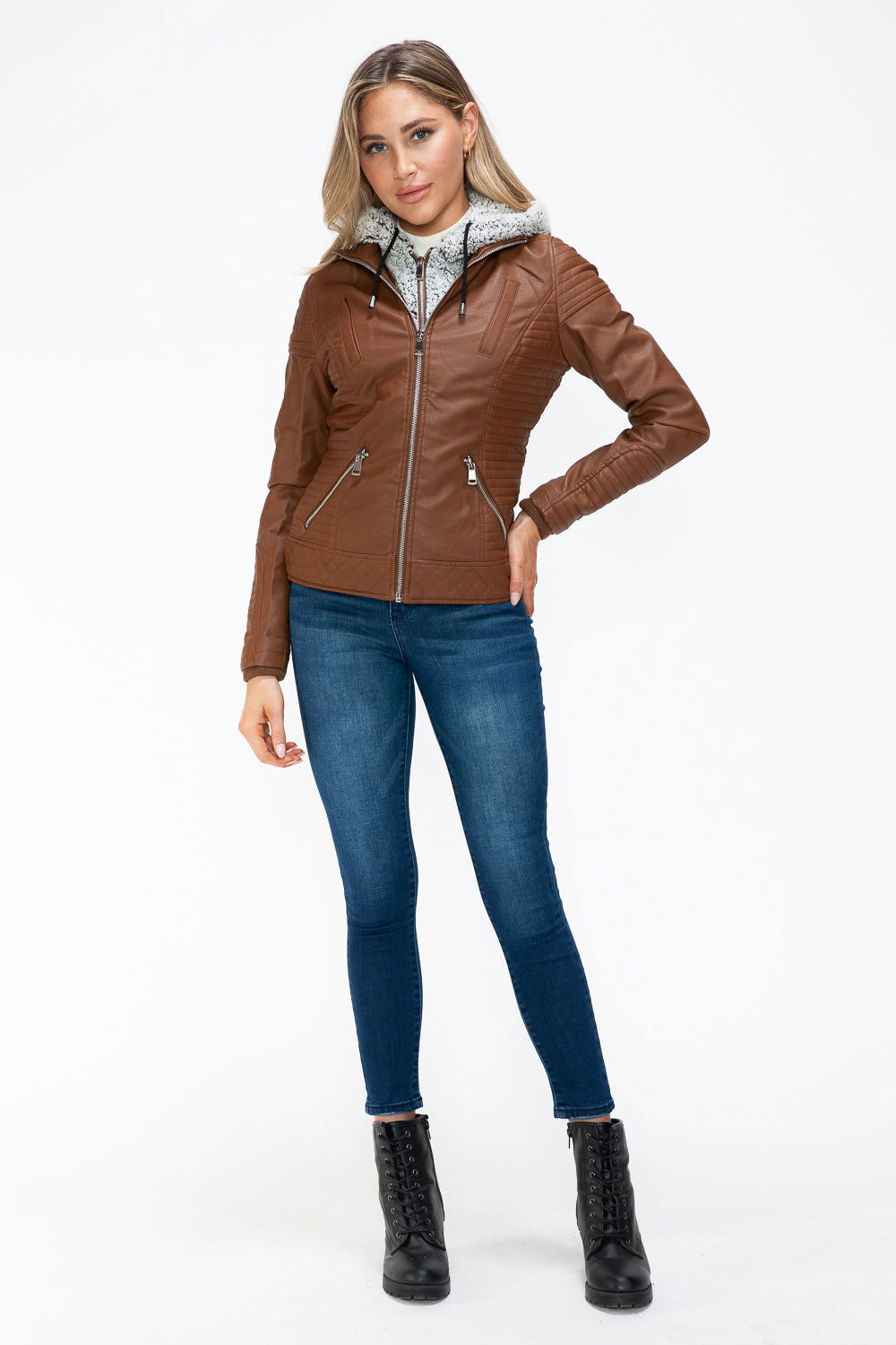 YMI Faux Layered Double-Zipper Jacket with Fuzzy Hood In Rust us.meeeshop - 