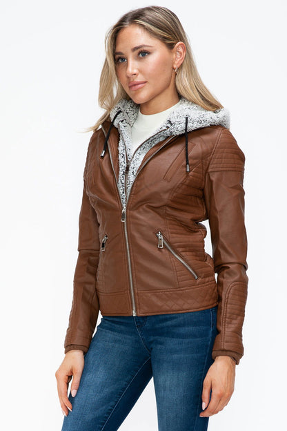 YMI Faux Layered Double-Zipper Jacket with Fuzzy Hood In Rust us.meeeshop - 