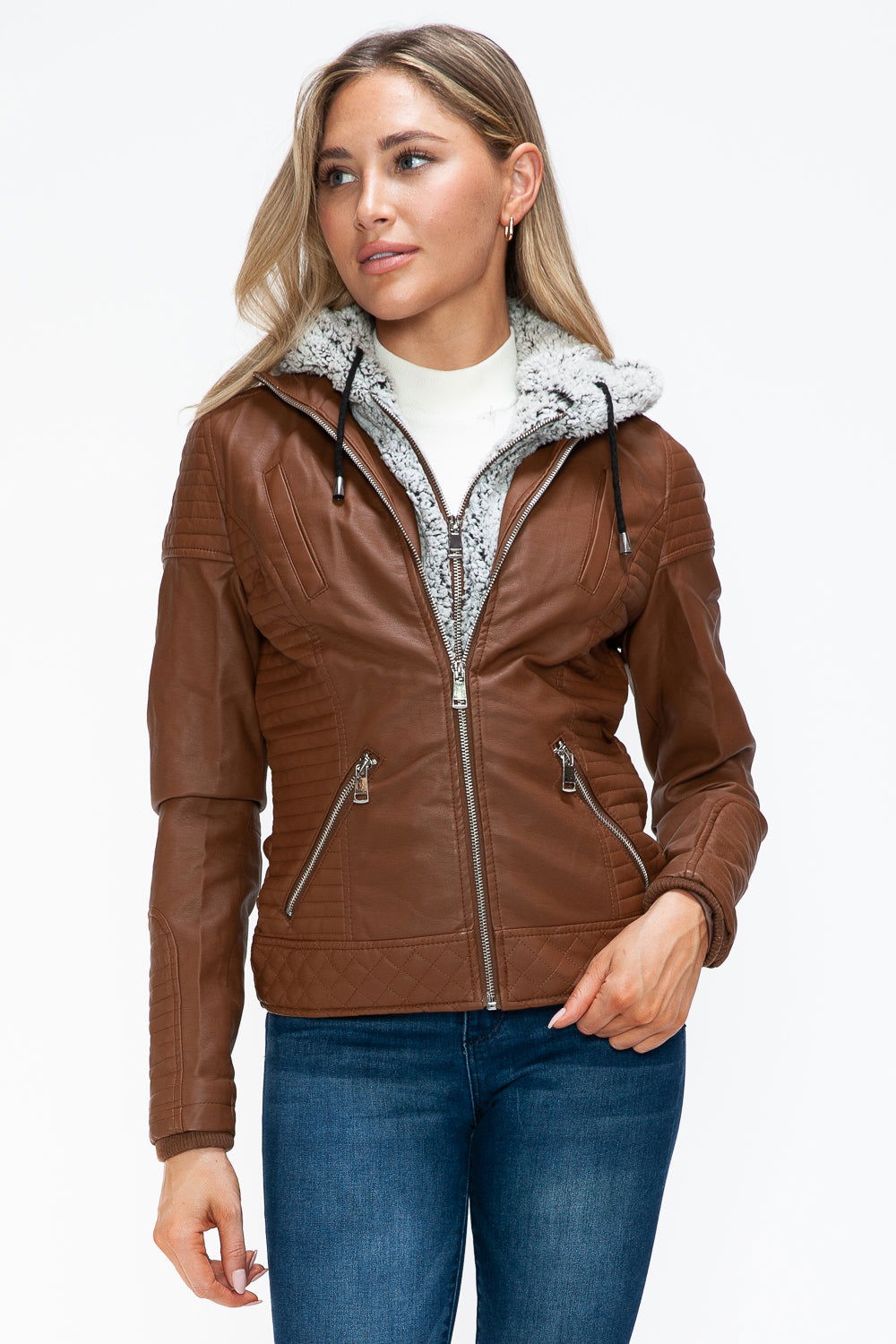 YMI Faux Layered Double-Zipper Jacket with Fuzzy Hood In Rust us.meeeshop - 