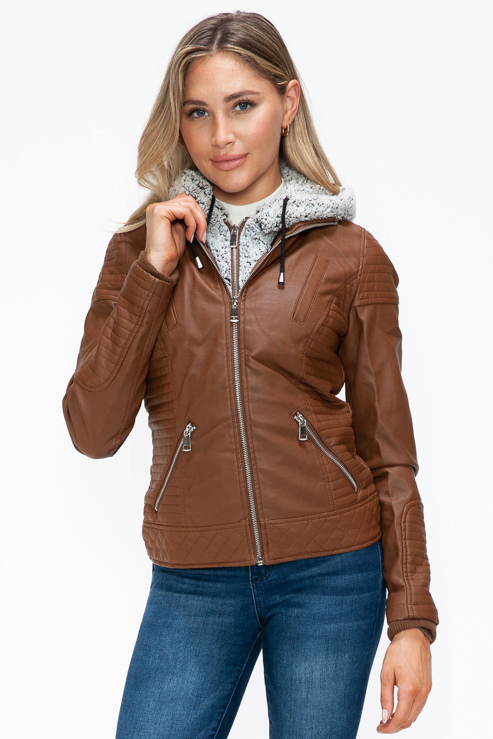 YMI Faux Layered Double-Zipper Jacket with Fuzzy Hood In Rust us.meeeshop - 