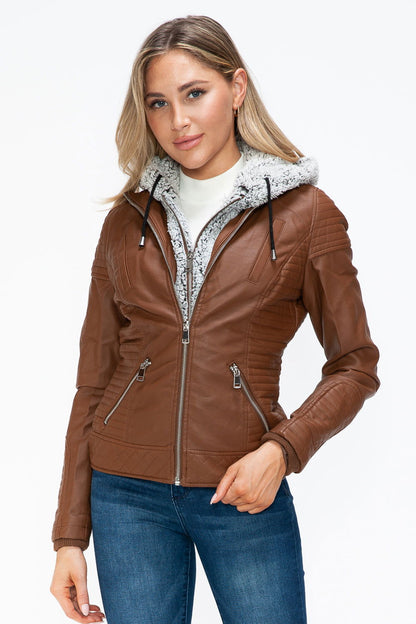 YMI Faux Layered Double-Zipper Jacket with Fuzzy Hood In Rust us.meeeshop - 