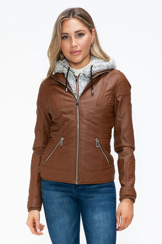 YMI Faux Layered Double-Zipper Jacket with Fuzzy Hood In Rust us.meeeshop - Coats & Jackets