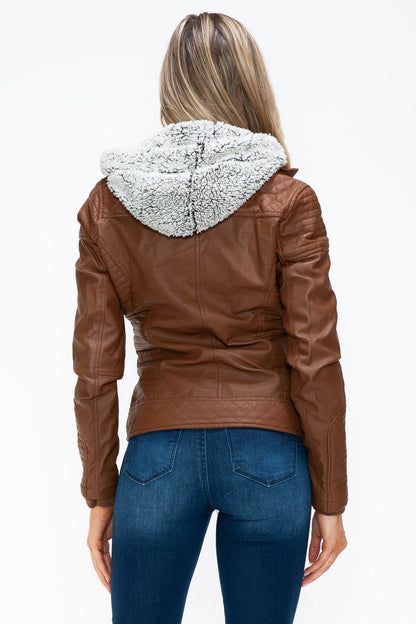 YMI Faux Layered Double-Zipper Jacket with Fuzzy Hood In Rust us.meeeshop - 