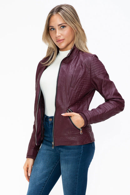 YMI Faux Layered Double-Zipper Jacket with Fuzzy Hood In Wine us.meeeshop - 