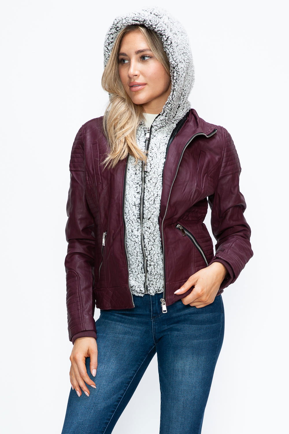 YMI Faux Layered Double-Zipper Jacket with Fuzzy Hood In Wine us.meeeshop - 